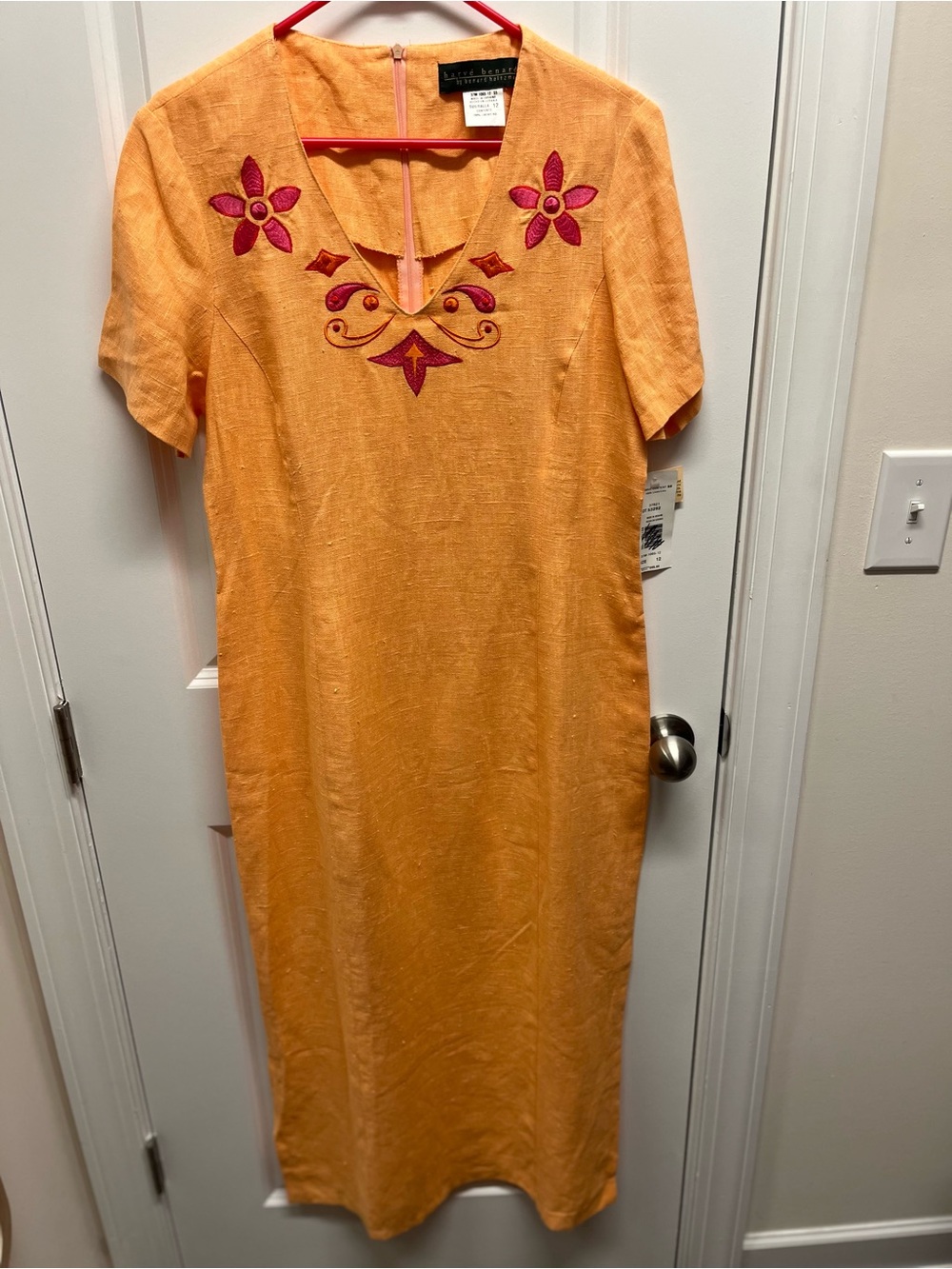 NWT Vintage Harve Benard 100% Linen Embroidered Maxi Dress Orange Coral Size 12